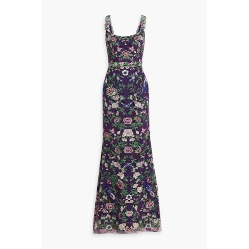 Marchesa Notte - Tulle-Trimmed Guipure Lace Midi Dress - Burgundy - US 4  for Women