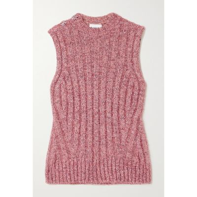 GANNI | GANNI - Crystal-Embellished Metallic Ribbed-Knit Tank - Pink - Xx Small | Goxip