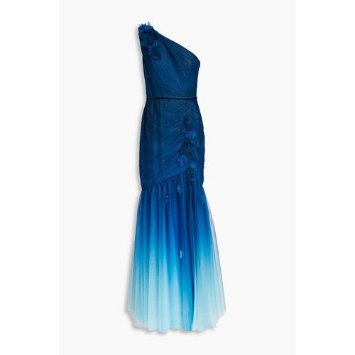 sachin and babi light blue dress Marchesa Notte - One-Shoulder Floral-Appliquéd Dégradé Tulle Gown - Blue