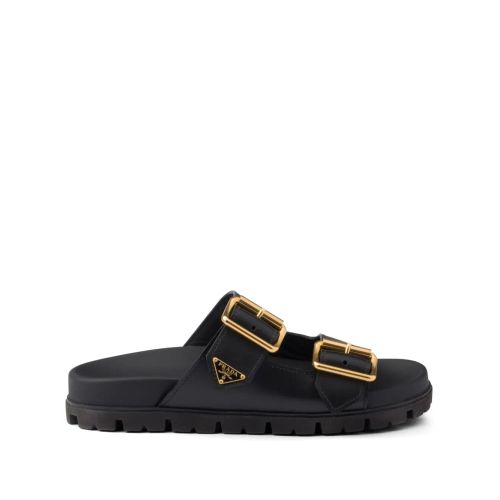 Prada Triangle-Logo Leather Slides Black for Women
