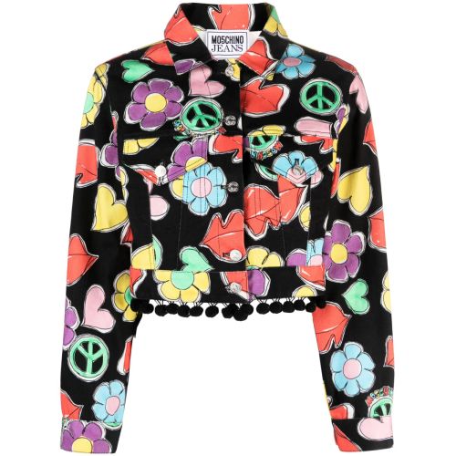 MOSCHINO JEANS Graphic-Print Cropped Jacket Black for ผู้หญิง
