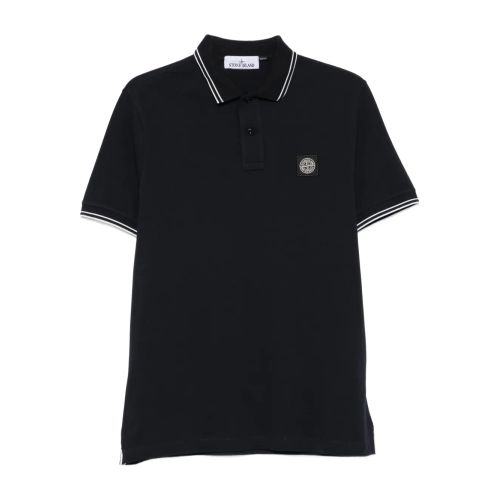 Stone Island Ribbed-Collar Logo-Patch Polo Shirt Blue for ผู้ชาย