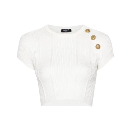 Balmain 3-Button Open-Knit Cropped Top White for Women