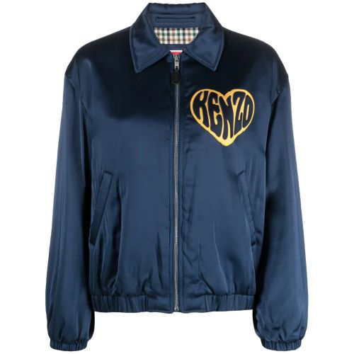Kenzo Heart-Patch Satin Jacket Blue