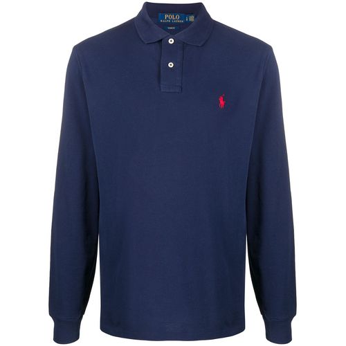 Polo Ralph Lauren Long-Sleeved Polo Shirt Blue for ผู้ชาย