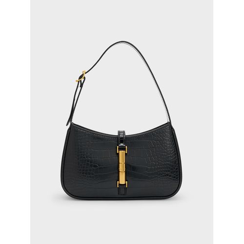 Charles Keith Cesia Croc-Effect Metallic-Accent Shoulder Bag