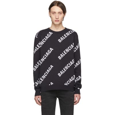 Buy Balenciaga Navy And White Jacquard Logo Sweater At Goxip
