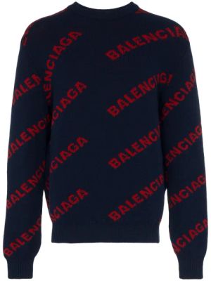 Balenciaga Navy Blue Logo Knitted Wool Jumper Goxip