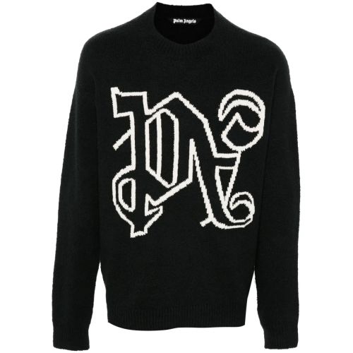 Palm Angels Logo-Embroidered Open-Knit Jumper Black for Men