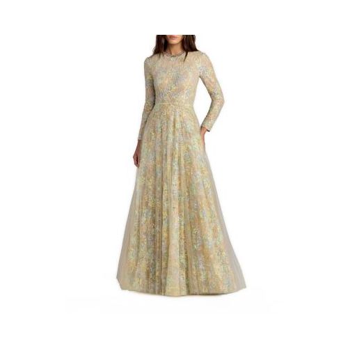 Mac Duggal Embellished Tulle Long Sleeve A Line Gown for Women