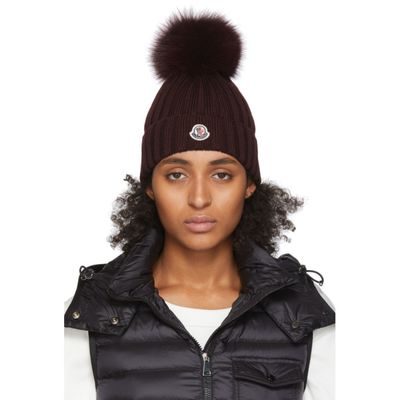 Buy Moncler Burgundy Fur Pom Pom Beanie For Womens At Goxip